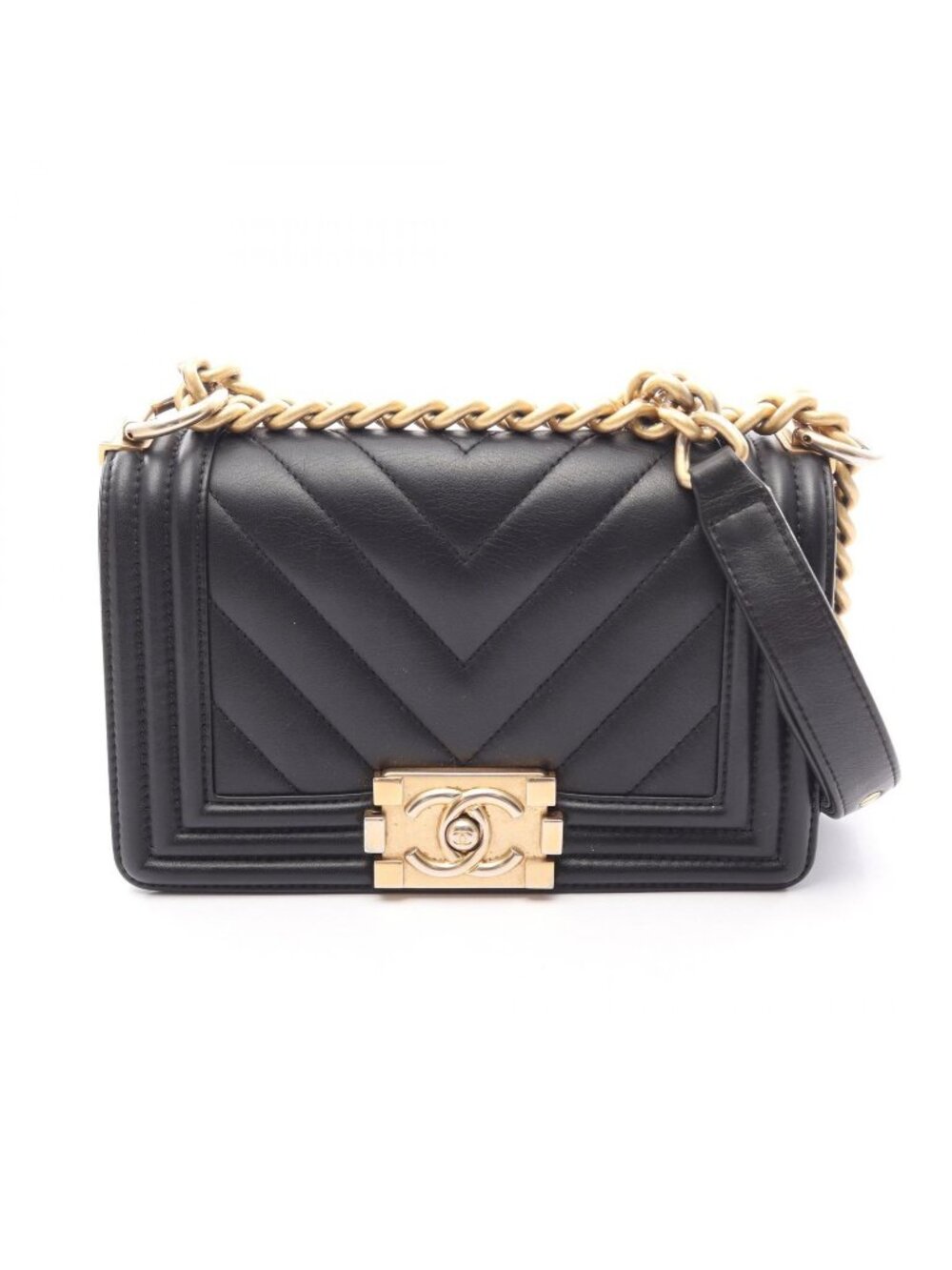 Chanel Shoulder Bag Boy Small Blanc Stitch Black Lambskin Boy Mini Chain